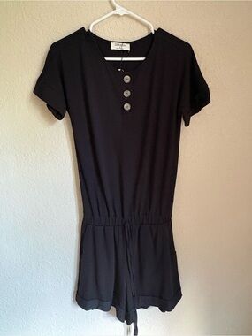 Zenana Black Short-Sleeve Button-Front Romper with Drawstring Waist